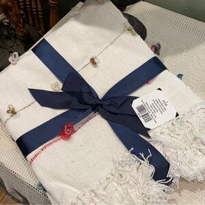 NWT Hobby Lobby White Throw Blanket with Blue Ribbon NWT